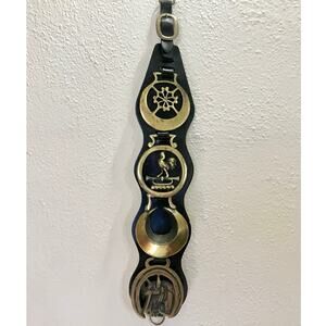 Vintage Brass Medallions 4 English Horse Equestrian Medals Leather Bridle Strap